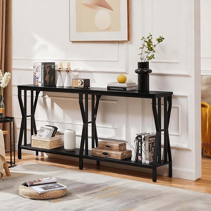 HOMISSUE Sofa Console Table, 70.9" Extra Long Sofa Table with 2-Tier Storage, Industrial Narrow Console Tables Behind Couch, Hallway Table for Entryway, Living Room, Black
