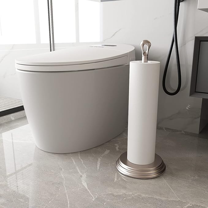 KASUNTO Toilet Paper Holder with Rustproof, Metal Free Standing Toilet Paper Stand Storage for Bathroom, Tissue Paper Roll Holder for Bathroom Accessories (Brushed Nickel)