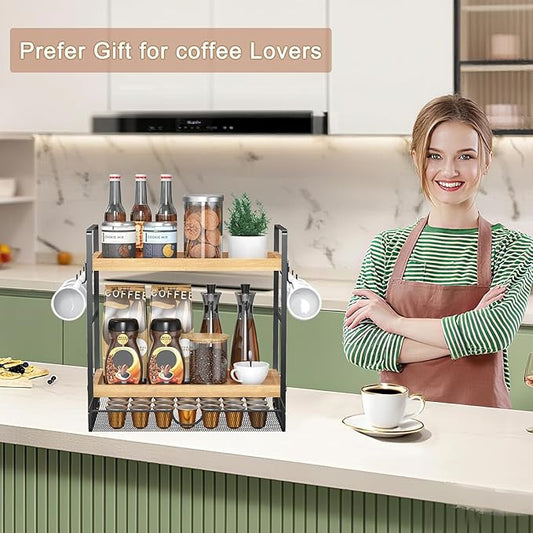 LEMIKKLE Coffee Station Organizer with Pod Holder and Drawer, Kitchen Countertop Organizer, Coffee Bar Accessories Station with Coffee Pod Storage, 2-Tier Wood Coffee Organizer With 6 Hooks