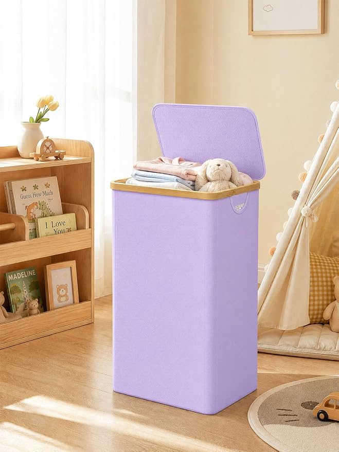 Laundry Hamper with Lid, 110L Large Laundry Basket with Removable Bag, Clothes Basket Hamper with Bamboo Frame for Clothes Towels Organizer- Purple