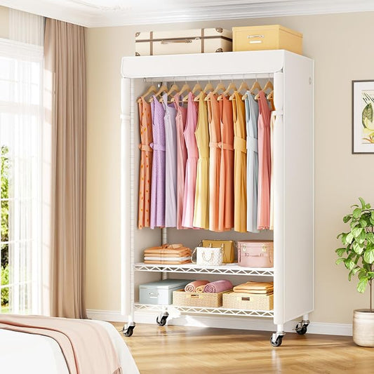 ULIFHOME P6C Rolling Clothes Rack with Cover, Covered Clothing Racks Heavy Duty, Portable Closet for Hanging Clothes, Garment Racks on Wheels, White Closet Rack with White Cover, Max Load 365LBS