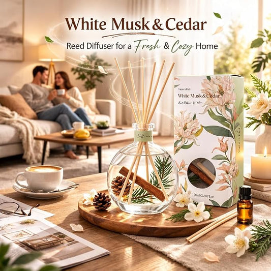 Cedar Wood & White Musk Essential Oil Reed Diffuser for Home&Office, Luxury Hotel Collection Diffuser Oil Inspired by Ritz Carlton, Bathroom,Bedroom&Living Room Shelf Decor,Non-Toxic & Gift Ready