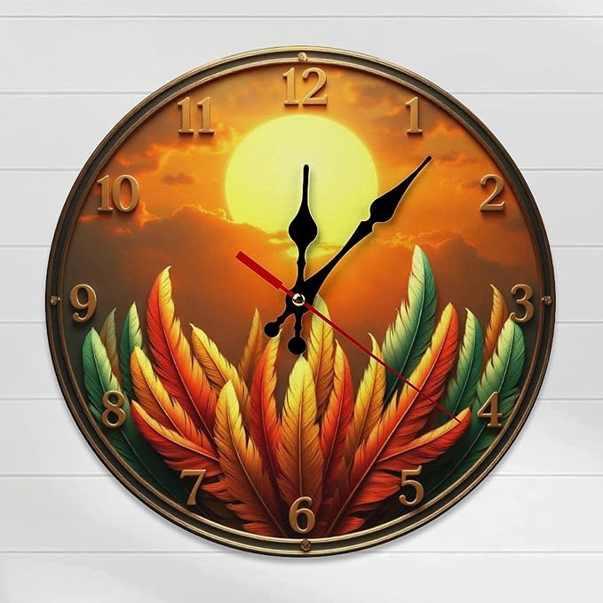 Wall Clock, Sunset Feather Bohemian Non Ticking Wall Clocks Battery Operated, Gold Wooden Wall Clocks for Kitchen, Living Room, Bedroom, Office Decorative 25 * 25cm