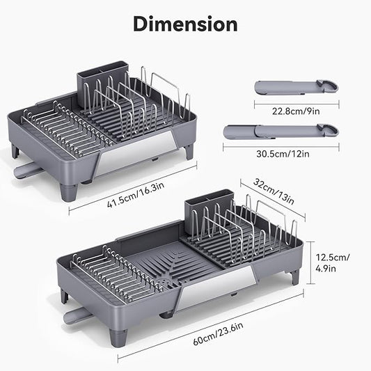 Urackify Large Dish Drying Rack - Expandable Dish Rack for Kitchen Counter, Multifunctional Dish Drainer with Drainboard & Utensil Holder, Anti-Rust, Fits Any Sink, Extendable 16.3" to 23.6" L, Gray