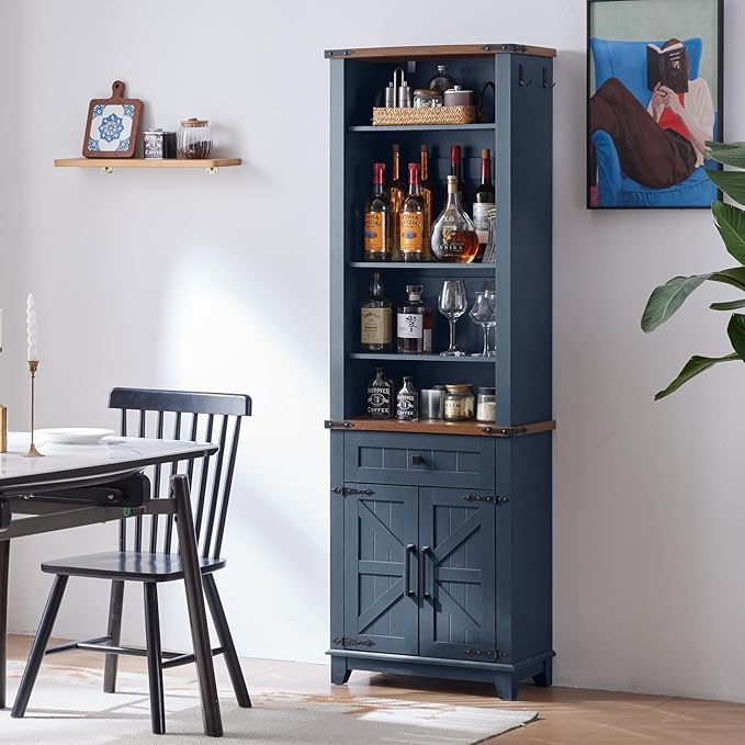 72in Tall Bookshelf 7 Tier Bookcase with Drawer and Barn Doors and Adjustable Shelves, Blue Farmhouse Book Shelf with Storage Cabinet, Wood Freestanding Display Bookshelves for Kitchen (2PCS)