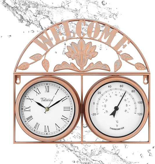 17Inch Large Outdoor Clock,Waterproof Wall Clock with Thermometer,Weatherproof Non-Ticking Quartz Battery Operated Decor Clock for Patio,Garden,Pool,Porch,House Warming Gifts