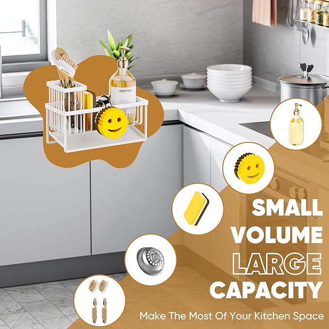Taugast Sponge Holder for Kitchen Sink,Smiley Face Sink Caddy with Removable Brush Holder,Self-Draining Sponge Caddy for Soap,Dish Brush,Scrubber,Kitchen Essentials and Gadgets-White