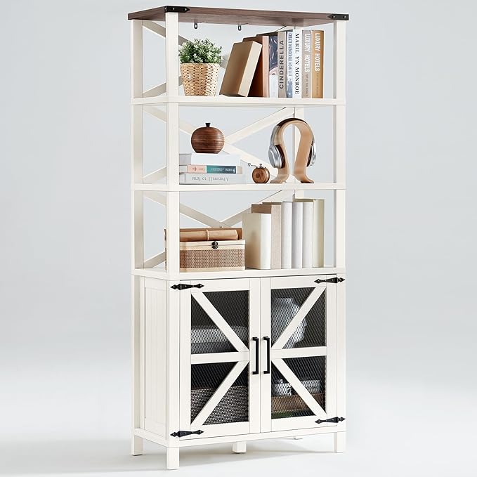 5 Tier Bookshelf 70" Tall Bookcase with Barn Doors,Large Farmhouse Display Book Shelf with Adjustable Shelves and Storage Cabinet,Library Wood Bookshelves for Living Room,Kitchen,White(3PCS)