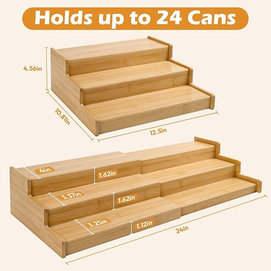 Artcochan 3 Tier Expandable Bamboo Can Rack Organizer for Pantry,Adjustable Pantry Organizers Holds Up to 24 Soda Cans,Canned Food Storage for Kitchen Cabinet Countertop