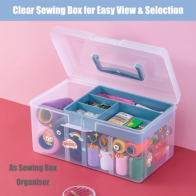 FOREVERIE Clear Plastic Arts & Craft Supplies Organizer Box Large with a Removable Tray & A Partition & Handle, Office Home School Desktop Stationery Storage Box, Medicine Box (Clear & Ocean Blue)