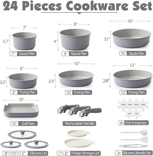 SENSARTE 24 Piece Ceramic Pots and Pans Set, Nonstick Detachable Handle Cookware, Induction Kitchen Cookware Set with Removable Handle, Healthy Non Stick for RV, Dishwasher&Oven Safe, PFOA Free (Gray)