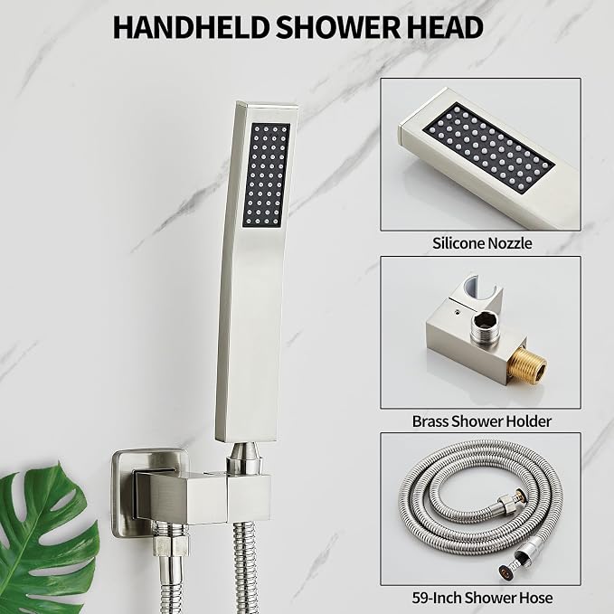 Brushed Nickel Rainfall Shower Faucet Set with Tub Spout 12 Inch, Shower Head and Handle with 2 Hooks for Bathroom Rain Shower and Handheld Shower System Square Wall Mount