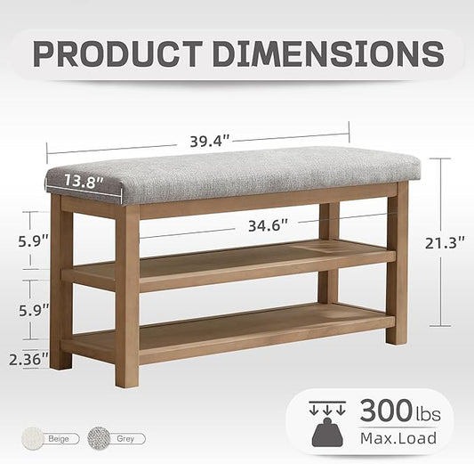 2 Tier Shoe Rack Bench with Cushion, Solid Wood Shoe Benches, Mid-Century Modern Shoe Storage Bench for Entryway, Hallway, Living Room, Closet, Front Door Entrance, (Grey, 39.4")