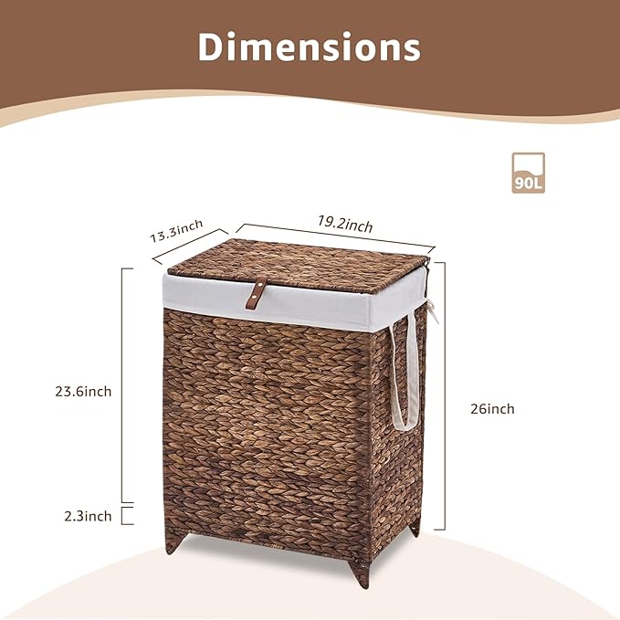 Laundry Hamper with Lid and Removable Liner Bag, Handwoven Natural Hyacinth Clothes Hamper with Heightened Feet, Wicker Laundry Basket for Clothes and Towels,Middle