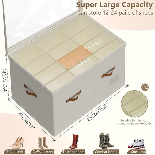 Shoe Organizer for Closet, 2 Pack Shoe Storage Bins Foldable Shoe Storage Box Containers with Clear Cover and Sturdy Handles, Shoe Rack for Closet Storage for Sneakers Heels Slippers, Fit 12-24 Pairs