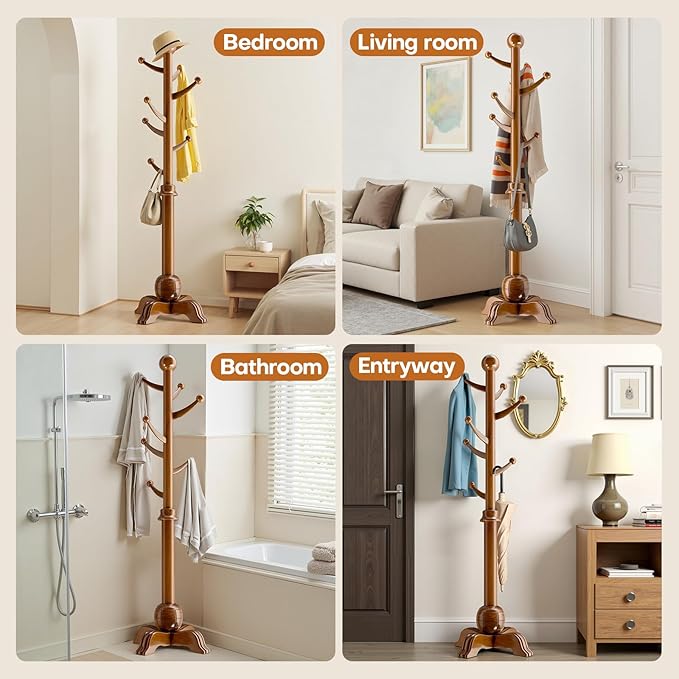 Hall Tree, Freestanding Wood Tree Rack with 7 Hooks, Coat Rack with Stable Sphere Base, Wooden Coat Rack Stand, Load 210 lb, Coat Hanger Stand for Entryway, Hallway, Bedroom (Natural)