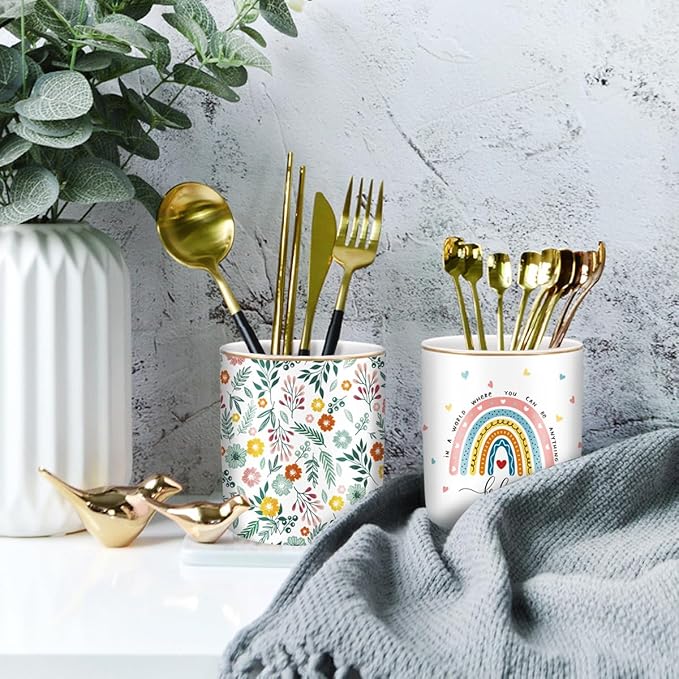 WAVEYU Pen Holder, Ceramic Durable Pencil Cup for Desk, Simple&Modern Style Makeup Organizer, Cute Multifunctional Office Supplies for Home, Kids and School, Rainbow Pattern