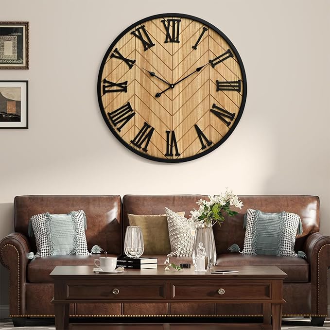 EMAX HOME 24 Inch Large Wall Clock Farmhouse Style - Brown Silent Non-Ticking Rustic Decor for Living Room, Kitchen, Bedroom