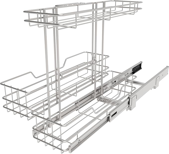2 Tier Under Sink Organizer 11"W X18"D, Pull Out Cabinet Organizer One Removable Basket, Under Sink Slide Out Chrome Plated, Under Kitchen Bathroom Sink Organizer, 1 Pack