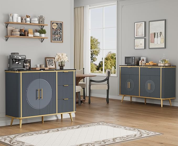 47.3" Modern Buffet Cabinet with Storage, Kitchen Sideboard Buffet with 2 Door & 3 Drawers, Fluted Caffee Bar Storage Cabinet for Dining Room, Living Room, Entryway, Navy Blue