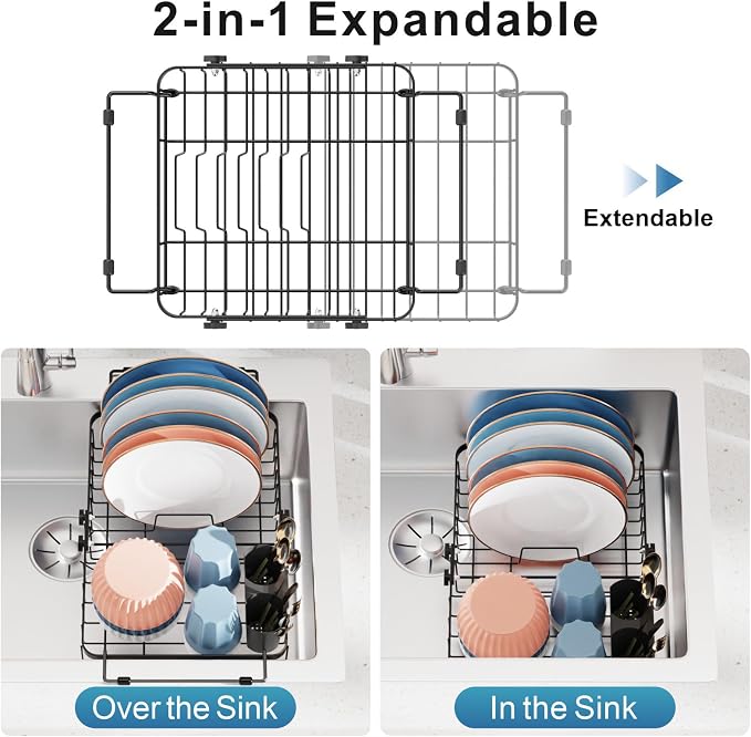 iSPECLE Dish Drying Rack Over the Sink, Expandable Dish Drainer for Small Kitchen, Apartment, RV, Dish Strainer with Utensil Holder and Twist-Lock, Space Saving, Black