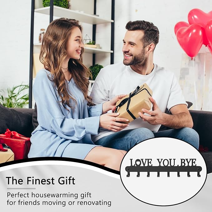 Key Holder for Wall - 'Love You Bye' Key Hooks,Key Holder Wall Mount Self Adhesive, Key Rack Wall Mount for Wall No Drill for Living Room, Kitchen, Bathroom, Garage (Black, 8Hooks)