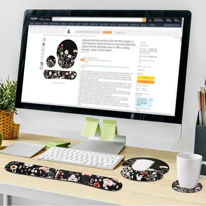 Ergonomic Mouse Pad with Wrist Rest and Keyboard Wrist Rest, Wrist Rest for Computer Keyboard, Easy Typing, Pain Relief, Black Mouse Pad with Wrist Support for Gaming,Office, Laptop, Garden Flowers