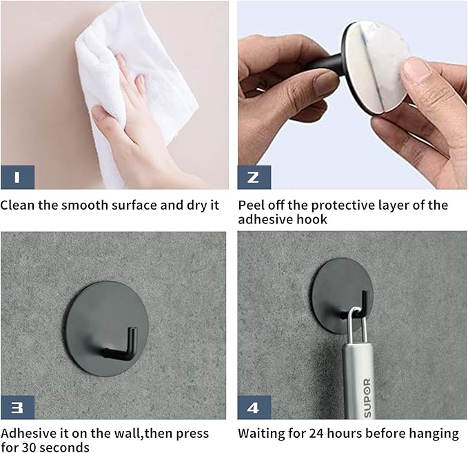 Rise age Adhesive Hooks Heavy Duty Waterproof in Shower Hooks for Hanging Loofah, Towels, Clothes, Robes for Bathroom Removable Adhesive Wall Hooks Door Hook Stainless Steel Black Stick on Hooks 4 Pcs