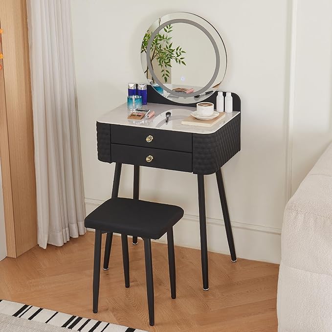 Makeup Vanity with Round Mirror, Light,Two Drawers, Cushioned Stool Set.Small Dressing Table for bedrooms and Dressing Rooms.Black