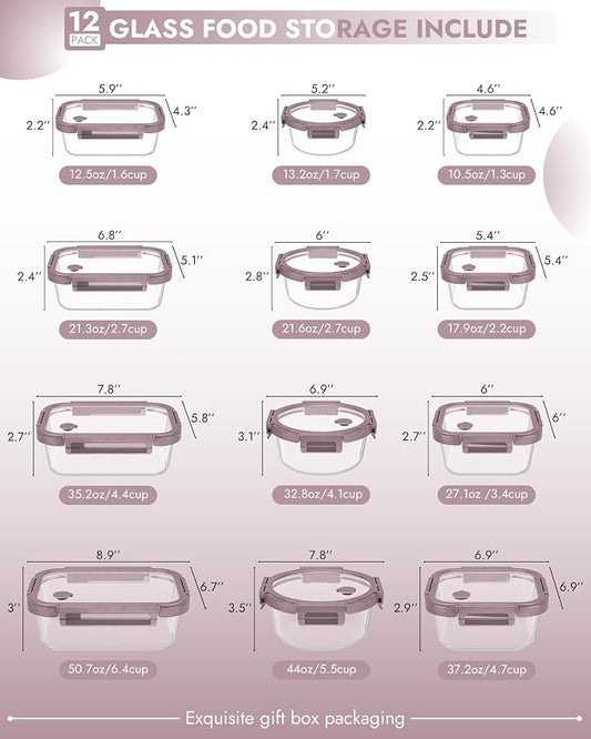 12-Pack Glass Containers with Tempered Lids – Borosilicate, Oven-Safe(-4°F~950°F), Airtight, BPA-Free, Multi-Size for Meal Prep, Dishwasher Safe, 1.6 cups to 6.4 cups (Pink)