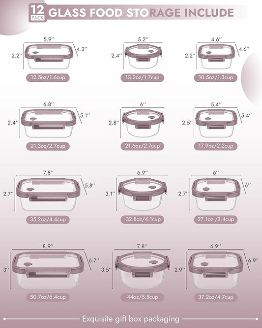 12-Pack Glass Containers with Tempered Lids – Borosilicate, Oven-Safe(-4°F~950°F), Airtight, BPA-Free, Multi-Size for Meal Prep, Dishwasher Safe (Pink)