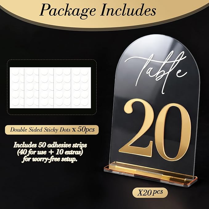 Crystal Clear Acrylic Wedding Table Numbers 1-20 Set, Self-Standing Modern Arched Signs for Reception Seating, Anniversary & Bridal Shower, Elegant Wedding Decor (5x7 Inches)