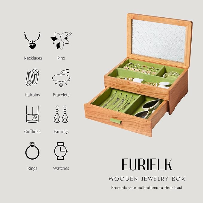 Wooden Jewelry Box, Large Size Case, Natural Solid Cherry Wood Vintage Trinket Organizer with 2-Layer Storage, Drawer, Ring Compartments, Necklace Hooks, Glass Lid, ek06-b-cherry