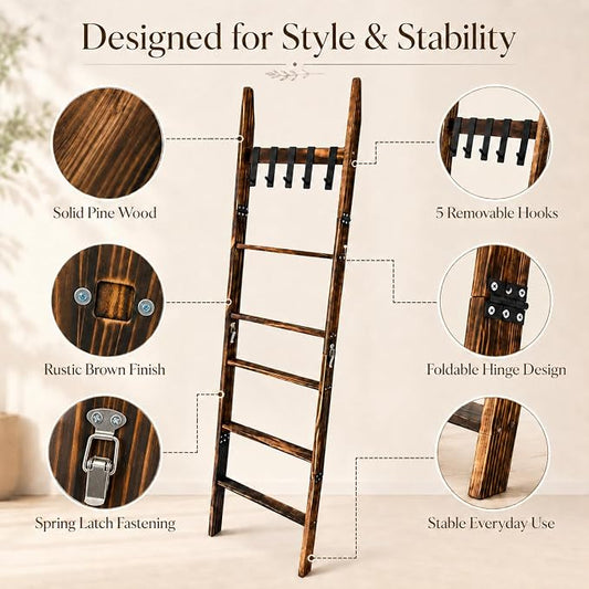 Blanket Ladder with 5 Removable Hooks, 67 Inch 6-Tier Wooden Blanket Rack, Rustic Brown Towel Ladder, Decorative Quilt Rack for Living Room Bedroom Bathroom Farmhouse Decor
