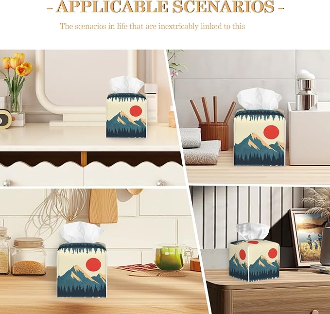 Tissue Box Cover,Boho Mountains Sun Leather Tissue Holder Organizer Portable Square Decorative Facial Paper Case for Home Office Bathroom Vanity Countertop