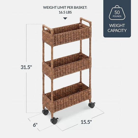 Best Choice Products 3-Tier Slim Water Hyacinth Rolling Nursery Caddy w/Wheels, Handwoven Utility Cart, Narrow Storage Organization for Bathroom, Craft Room, Laundry Room - Chestnut