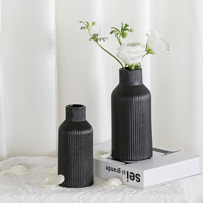 Bohemian Black Ceramic Vase - for Pampas Grass, Mantel, Bookshelf, Entryway and Living Room Decor (Black, Set of 3)