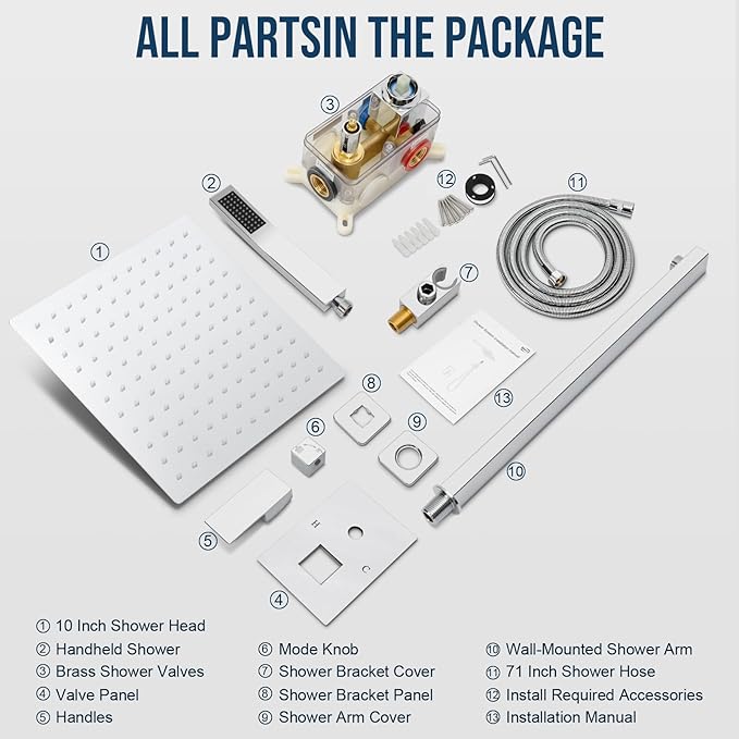Shower Faucet Set Bathroom Square Rain Shower Head and Handle Set, Wall Mounted Shower Fixtures With Shower Valve and Trim Kit 10 inch Polished Chrom