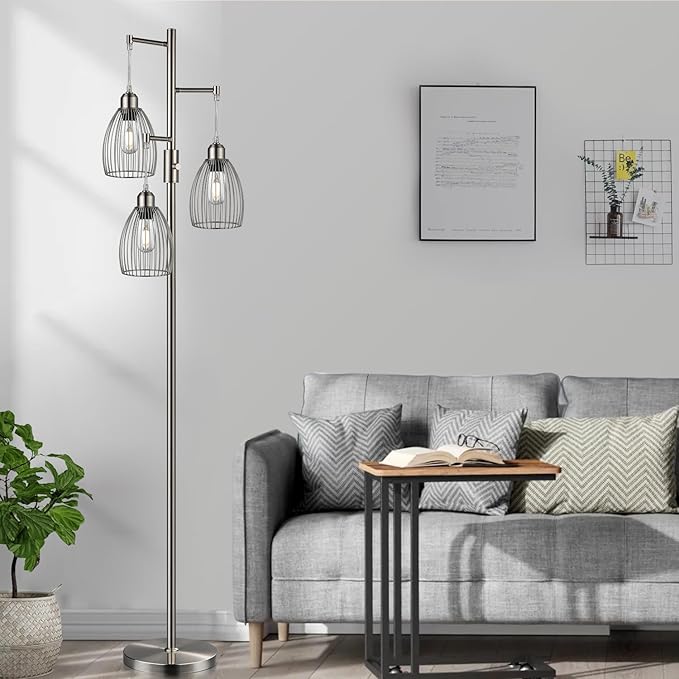 Nintiue Dimmable Floor Lamp, 3 x 800LM LED Edison Bulbs Included, Industrial Floor Lamp Standing Tree Lamp with Elegant Teardrop Cage Heads Tall Lamps for Living Room Bedroom-Brushed Nickel
