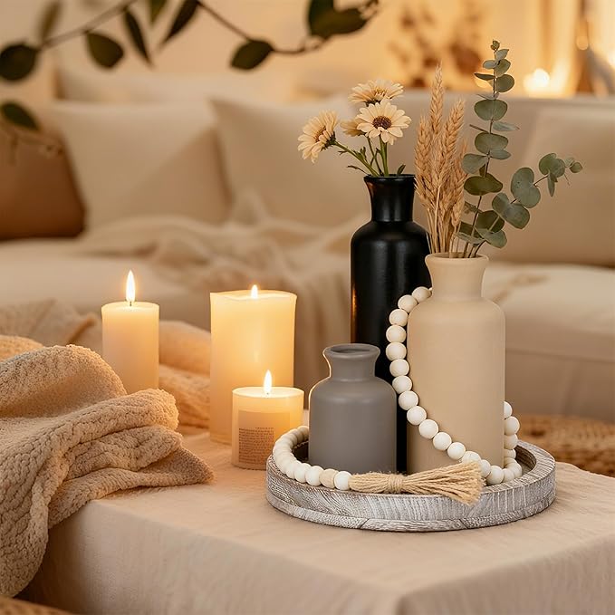 5 Pcs Rustic Country Tabletop Centerpieces Decor Set of 3 Boho Ceramic Vases with Wooden Serving Tray Wood Bead Garland Tassels Table Holder for Home Decorations (Dark Color)