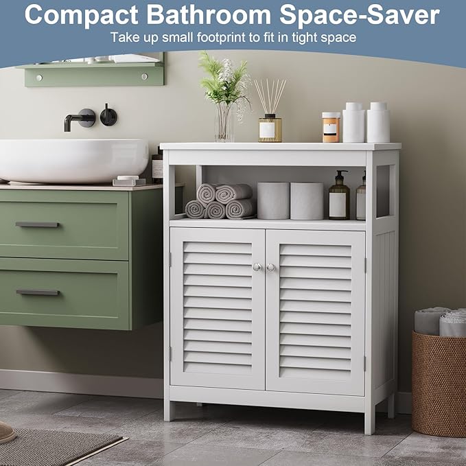 White Bathroom Storage Cabinet with Shutter Doors, 31.5 x 23.6 x 15.7 in Freestanding Floor Cabinet with Removable Shelf, for Bathroom, Living Room, Kitchen