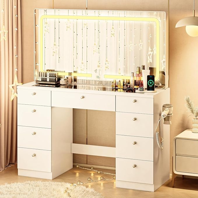 Vanity with Lighted Mirror, Glass Top Makeup Vanity Desk with Power Outlet and 9 Drawers, 3 Color Lighting Modes Adjustable Dresser for Bedroom, White