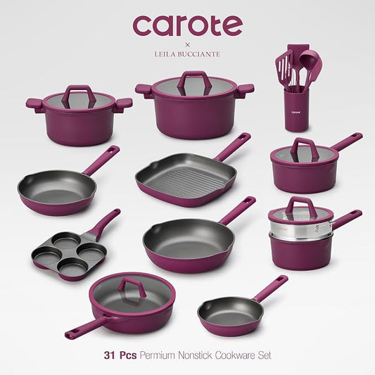 CAROTE 31PCS Pots and Pans Set, Nonstick Cookware Set Kitchen Non Stick Induction Cookware Non-toxic Granite Cooking set, PFOA Free