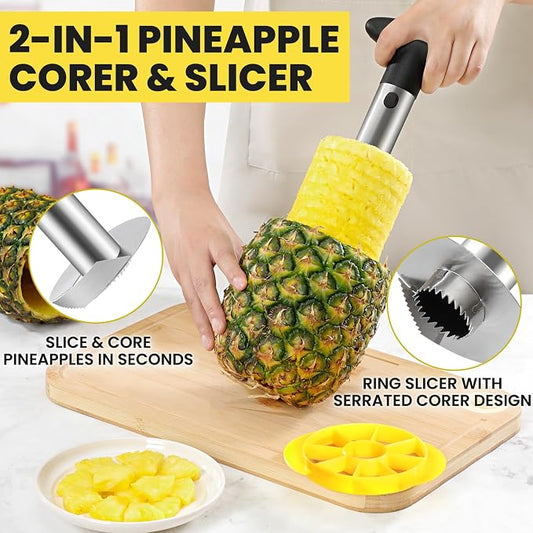 CUNSENR Premium Pineapple Corer and Slicer Tool - Pineapple Cutter with Sharp Serrated Tips - Easy to Use & Clean - Stainless Steel Core Remover for Pineapple - Slice and Core Fruits with Ease(Black)