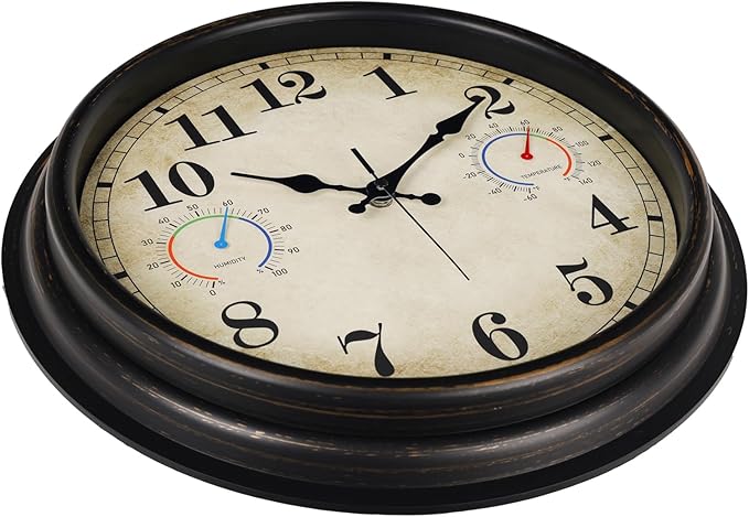 16 Inch Large Outdoor Clock with Thermometer and Hygrometer Combo, Waterproof Indoor Outdoor Wall Clocks for Patio, Pool,Garden Decor- Retro Bronze