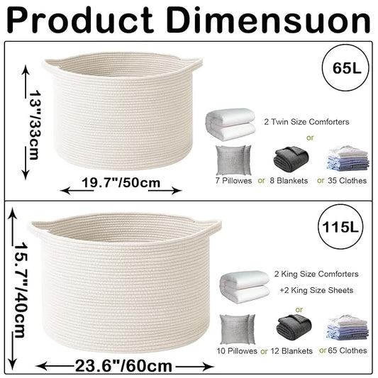 115L Extra Large Woven Cotton Rope Blanket Basket with Handles, Laundry Hamper Storage Bin for Pillows, Comforters,Clothes, Toys, Nursery, Bedroom and Living Room Organization,White