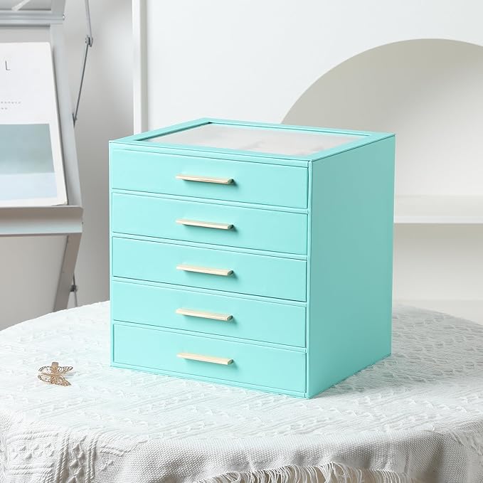 Frebeauty Clear Lid Jewelry Box,5-Layer Jewelry Organizer with Drawer,PU Leather Jewelry Organizers and Storage,Jewelry Boxes for Women,Jewelry Storage for Rings Earring Stud,Gift for Women(Turquoise)