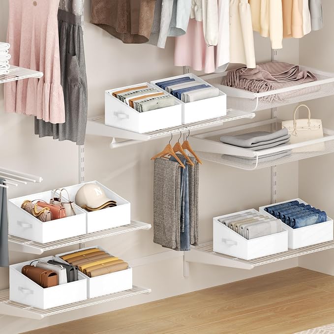 DIMJ Closet Storage Bins 6 Pack - Fabric Trapezoid Organizer Bin, Foldable Storage Baskets for Shelves, Closet Shelf Organizer, Clothing Storage Box for Toys, Books, Towel, Clothes, White