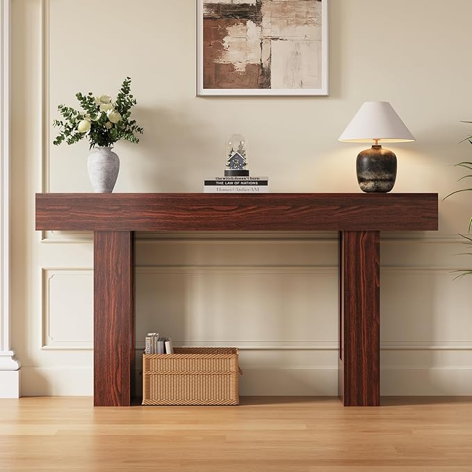 FURSUN 63" Console Table with 2 Drawers, Slim Entryway Table for Hallway, Narrow Sofa Table Behind Couch, Farmhouse Long Wood Accent Table for Foyer & Living Room, Dark Walnut