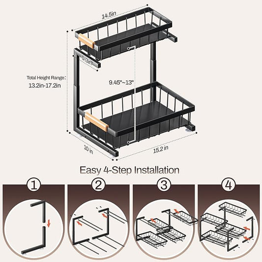 ADBIU Under Sink Organizer, 2 Pack 2 Tier Expandable Height (13.2" - 17.2") Pull out Kitchen Bathroom Cabinet Organizers and Storage Shelf